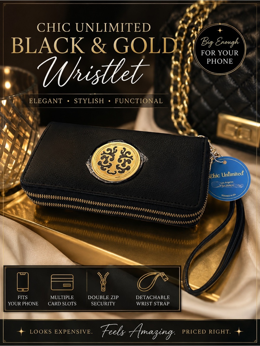 Chic Unlimited‎ Black & Gold Women's Double Zip New Wristlet